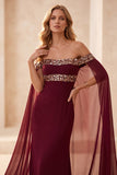 Burgundy Mermaid Off the Shoulder Cape Long Formal Dress with Sequins