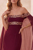 Burgundy Mermaid Off the Shoulder Cape Long Formal Dress with Sequins