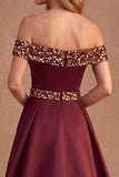 Burgundy A-Line Off the Shoulder Satin Long Formal Dress with Sequins