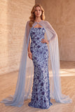 Slate Blue Mermaid Strapless Sequins Floral Long Formal Dress with Cape