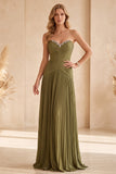 Olive A-Line Strapless Pleated Long Formal Dress with Rhinestones