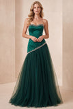 Dark Green A-Line Strapless Tulle Satin Long Formal Dress with Beading