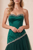 Dark Green A-Line Strapless Tulle Satin Long Formal Dress with Beading