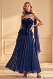 Dark Blue A-Line Velvet Strapless Printed Chiffon Long Formal Dress