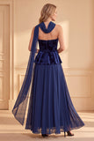 Dark Blue A-Line Velvet Strapless Printed Chiffon Long Formal Dress