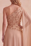 Khaki A-Line Chiffon One Shoulder Beaded Long Formal Dress with Cape