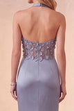 Dusty Blue Sheath Halter Ruched Satin Long Formal Dress with 3D Flower