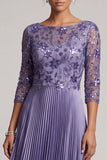 Purple A-Line Bateau Neck Pleated Embroidery Long Mother of the Bride Dress with Sequins