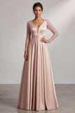 Blush A-Line V-Neck Long Sleeves Pleated Maxi Mother of the Bride Dress with Sequins