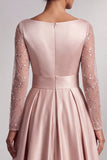 Blush A-Line V-Neck Long Sleeves Pleated Maxi Mother of the Bride Dress with Sequins
