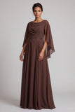 Coffee A-Line Cowl Chiffon Long Mother of the Bride Dress with Beading