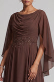 Coffee A-Line Cowl Chiffon Long Mother of the Bride Dress with Beading