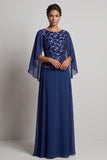 Navy A-Line Bateau Neck Printed Chiffon Long Mother of the Bride Dress with Flutter Sleeves