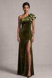Olive Velvet Sheath Ruffled One Shoulder Long Formal Dress with Slit