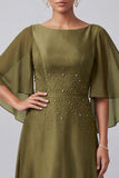 Olive A-Line Bateau Neck Satin Flutter Sleeves Long Mother of the Bride Dress with Beading