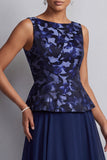 Navy A-Line Bateau Neck Chiffon Printed Long Mother of the Bride Dress