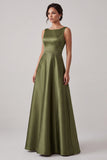 Olive A-Line Bateau Neck Satin Long Mother of the Bride Dress with Beading
