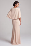 Champagne Mermaid Round Neck Cape Long Mother of the Bride Dress with Beading