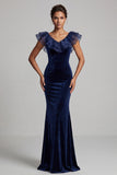 Dark Blue Velvet Mermaid V-Neck Ruffled Long Mother of the Bride Dress