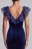 Dark Blue Velvet Mermaid V-Neck Ruffled Long Mother of the Bride Dress