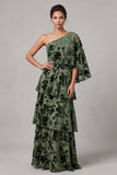 Dusty Sage Velvet A-Line One Shoulder Tiered Long Mother of the Bride Dress