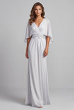 Light Grey Sheath V-Neck Flutter Sleeves Chiffon Long Mother of the Bride Dress with Appliques