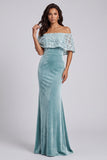 Light Blue Mermaid Off the Shoulder Velvet Long Formal Dress with Lace Appliques