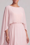 Blush A-Line Chiffon Bateau Neck Cape Long Mother of the Bride Dress with Beading