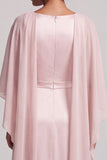 Blush Sheath Round Neck Cape Sleeves Chiffon Long Mother of the Bride Dress with Beading