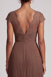 Coffee A-Line V-Neck Chiffon Pleated Long Formal Dress with Lace