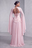 Blush Corset Chiffon Jacquard Beaded Tiered Peplum A-Line Long Prom Dress with Flared Sleeves