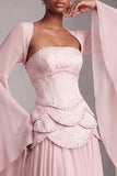Blush Corset Chiffon Jacquard Beaded Tiered Peplum A-Line Long Prom Dress with Flared Sleeves