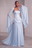 Blush Corset Chiffon Jacquard Beaded Tiered Peplum A-Line Long Prom Dress with Flared Sleeves