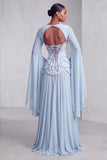 Blush Corset Chiffon Jacquard Beaded Tiered Peplum A-Line Long Prom Dress with Flared Sleeves