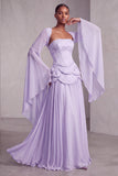 Blush Corset Chiffon Jacquard Beaded Tiered Peplum A-Line Long Prom Dress with Flared Sleeves