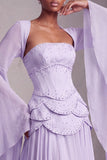 Blush Corset Chiffon Jacquard Beaded Tiered Peplum A-Line Long Prom Dress with Flared Sleeves