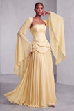 Blush Corset Chiffon Jacquard Beaded Tiered Peplum A-Line Long Prom Dress with Flared Sleeves
