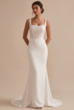 White Corset Satin Mermaid Square Neck Long Wedding Dress with Beading