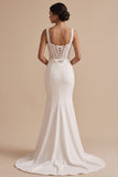 White Corset Satin Mermaid Square Neck Long Wedding Dress with Beading