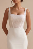 White Corset Satin Mermaid Square Neck Long Wedding Dress with Beading
