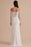 White Sheath Off the Shoulder Satin Lace Long Sleeves Ruched Maxi Wedding Dress with Slit