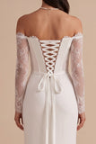 White Sheath Off the Shoulder Satin Lace Long Sleeves Ruched Maxi Wedding Dress with Slit