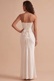 White Satin Corset Mermaid Strapless Satin Long Wedding Dress with Lace