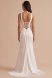 White Sheath V-Neck Ruched Satin Long Wedding Dress with Slit