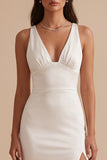 White Sheath V-Neck Ruched Satin Long Wedding Dress with Slit