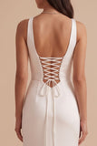 White Sheath V-Neck Ruched Satin Long Wedding Dress with Slit
