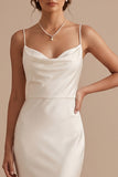 White Mermaid Cowl Spaghetti Straps Satin Sweep Train Wedding Dress