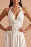 White A-Line Halter Ruched Satin Long Wedding Dress
