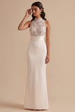 White Mermaid High Neck Sequins Appliques Cut Out Long Wedding Dress