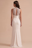 White Mermaid High Neck Sequins Appliques Cut Out Long Wedding Dress